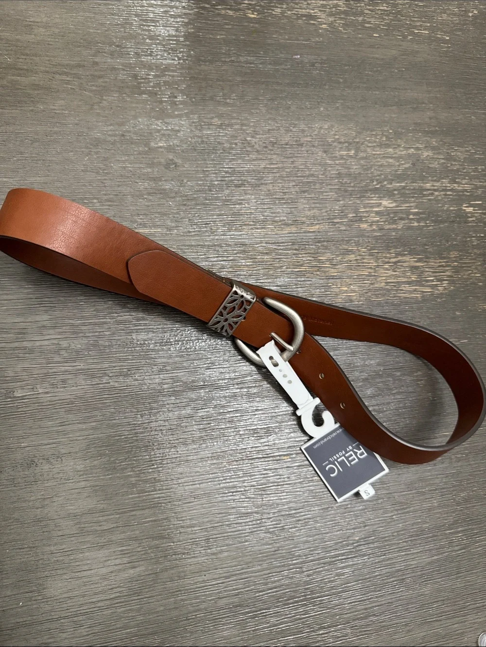 Relic By Fossil Chestnut Leather Belt with Silver Floral Slider